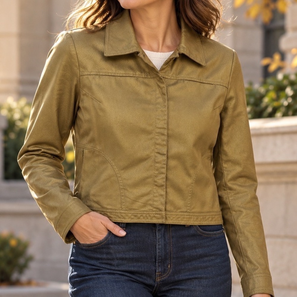 Kenneth Cole Reaction Womens Tan Khaki Cotton Twill Snap Front Jacket Size M